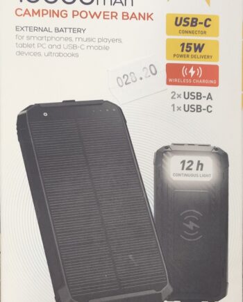 POWER BANK SOLAR PANEL CAMPING 10,000mAh POLYMER 15W 2 USB - 1 USB TYPE-C BLACK PLATINET