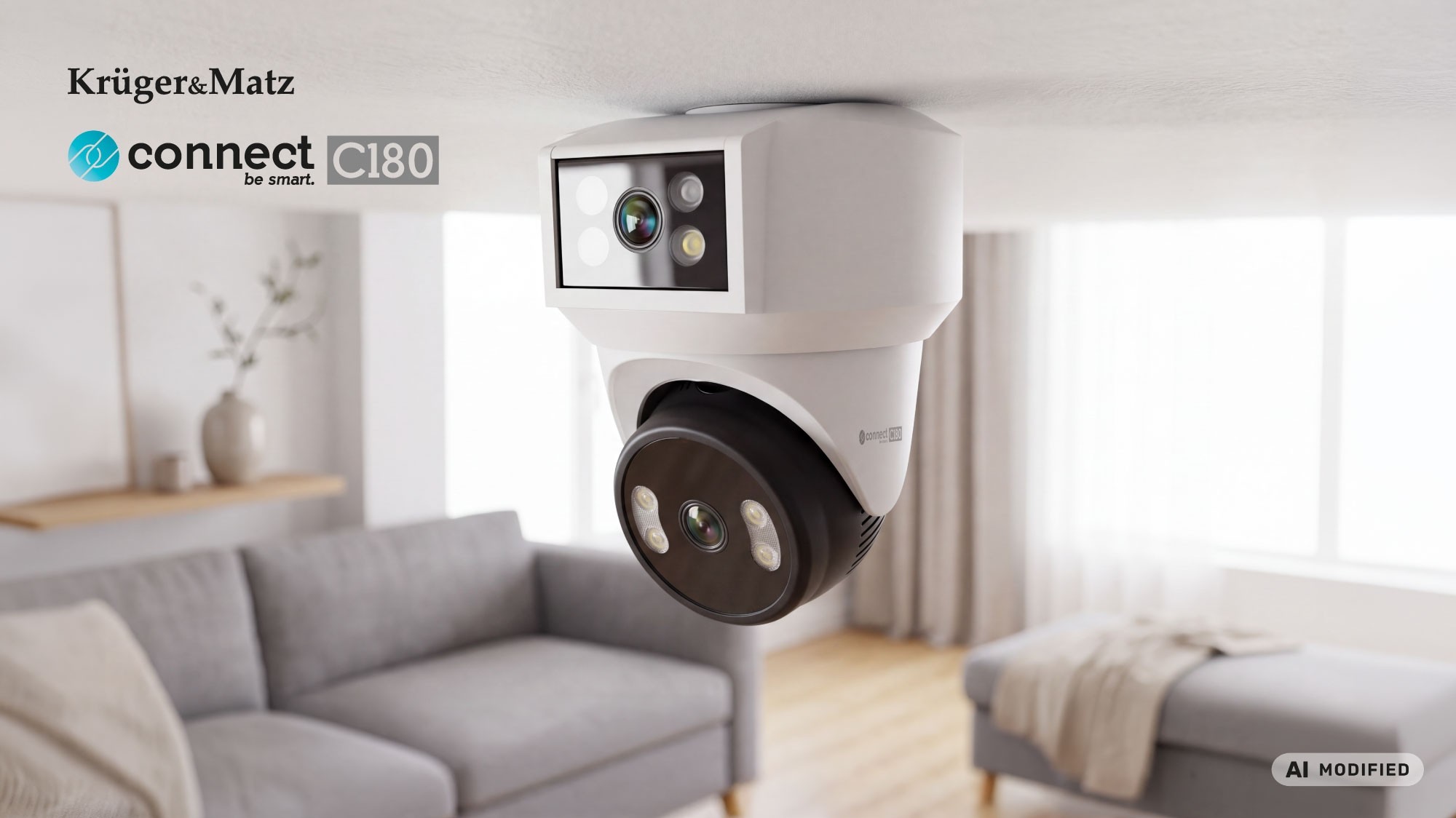 Kruger&Matz Connect C180 WiFi Camera 2x PTZ Lens 360° 2K Tuya Smart Life Color Night Audio AI
